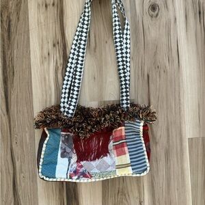 Colorful Patchwork Tote with Checkered Straps